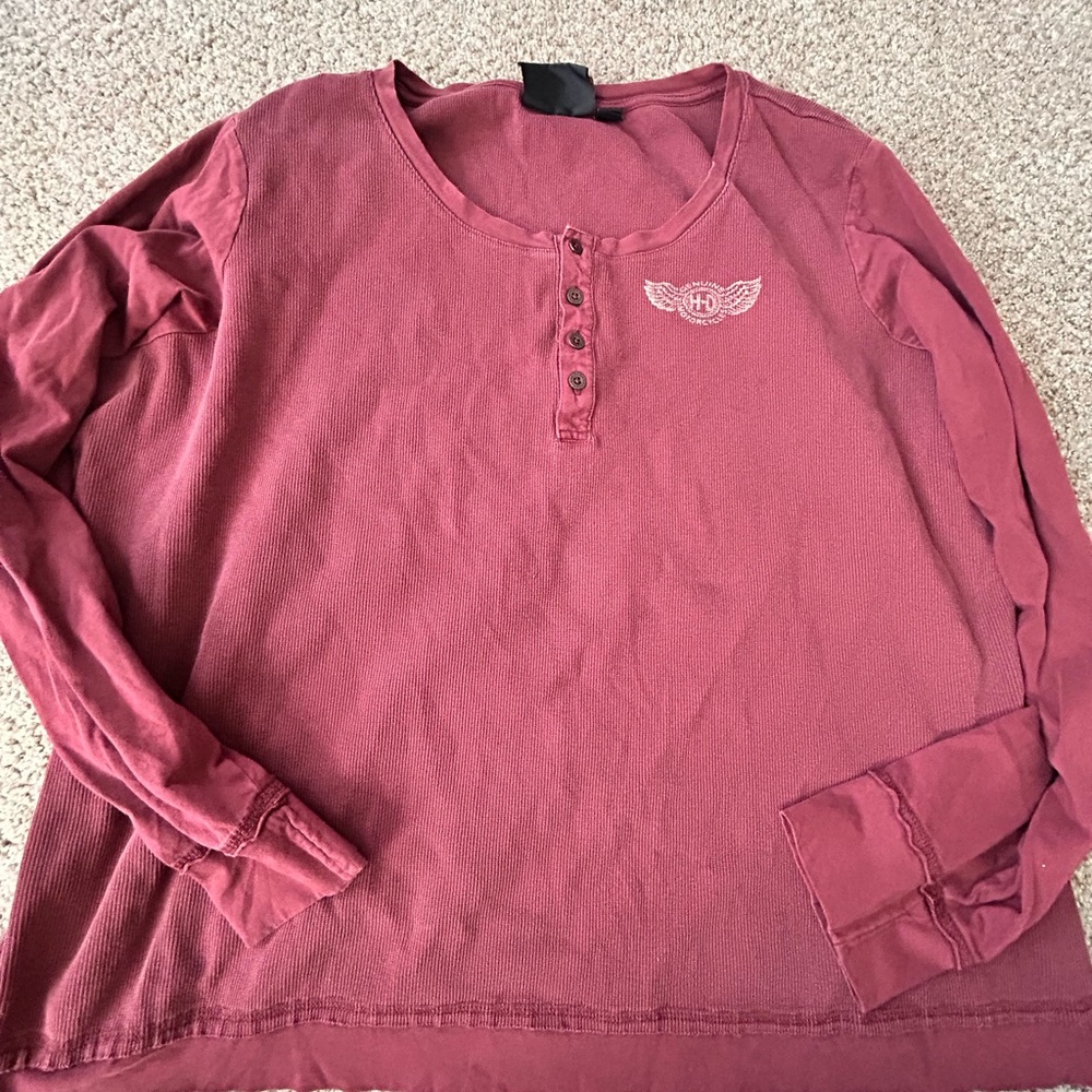 Harley Davidson Henley Shirt Womens Size Large Maroon Long Sleeve Waffle